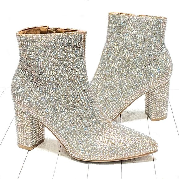 New Women Champagne Gold Rhinestone Glitter Pointy Ankle Boots Booties - Picture 1 of 6